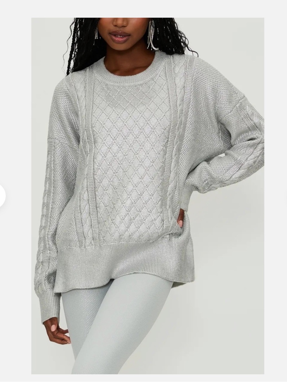 Beach Riot Cable Knit Crewneck Sweater Oversized Coated Metallic Silver
